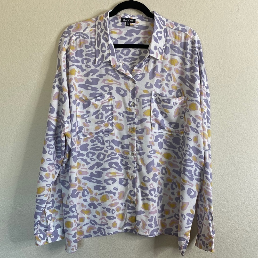 Dear John button-down blouse long sleeve purple leopard print extra large